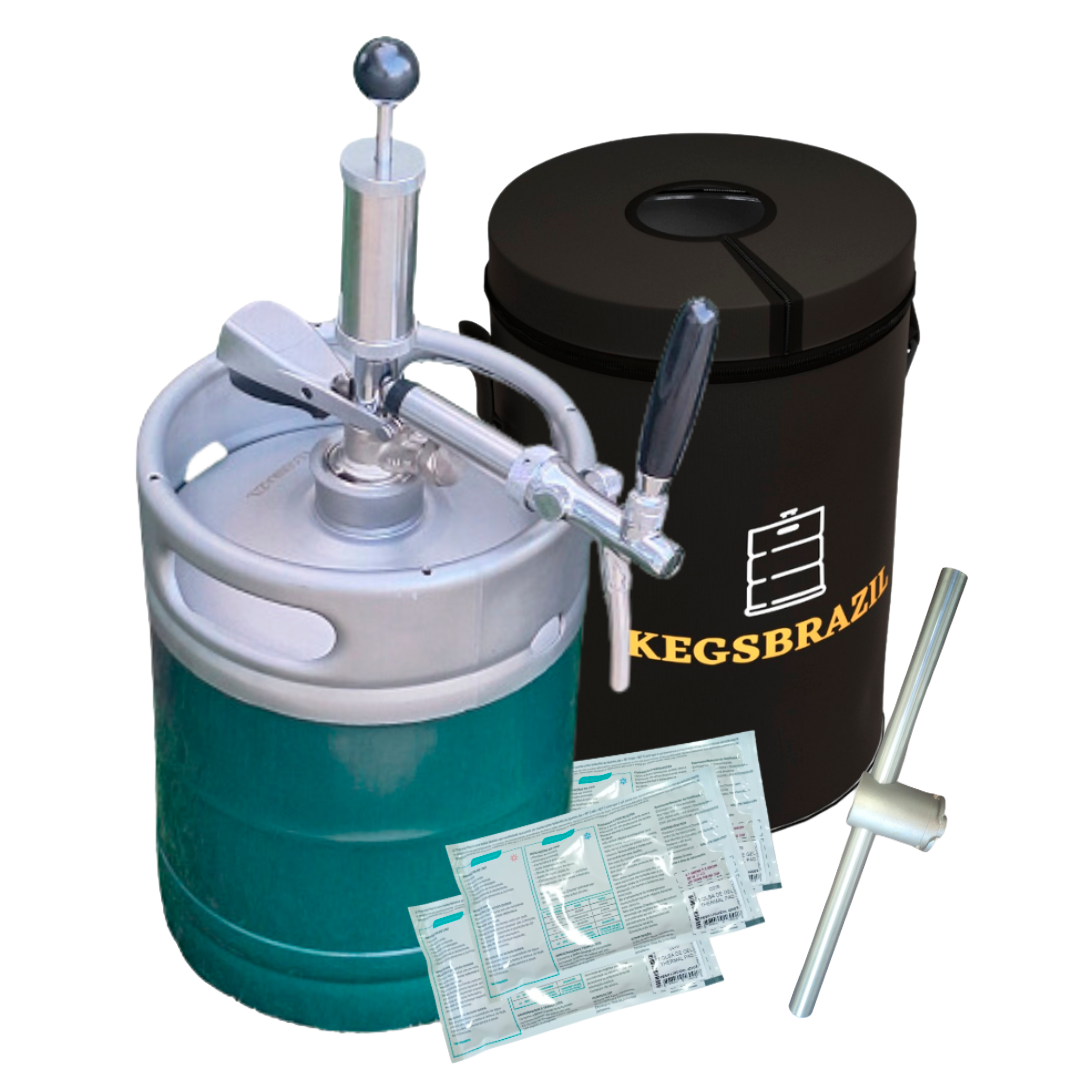 Kit completo: barril de 10L, bolsa térmica KEGSBRAZIL, bolsas de gel e chave de barril